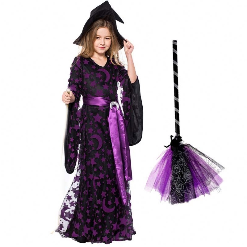 Gúna Oíche Shamhna Cailíní Suas Suas Gúna Fancy Cailleach Wicked Corcra Le Hat Broom HCVM-017