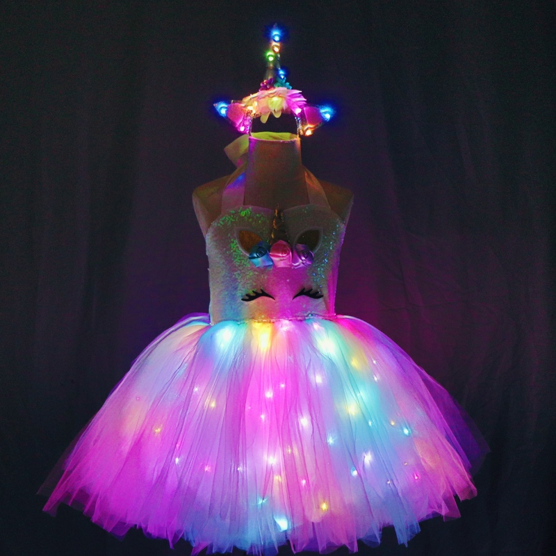 2022 Kids Girls Costumes Unicorn gleoite le gúna solais faoi stiúir le haghaidh lá breithe lá breithe lá breithe cóisir lá breithe bronntanas leanaí éadaí leanaí