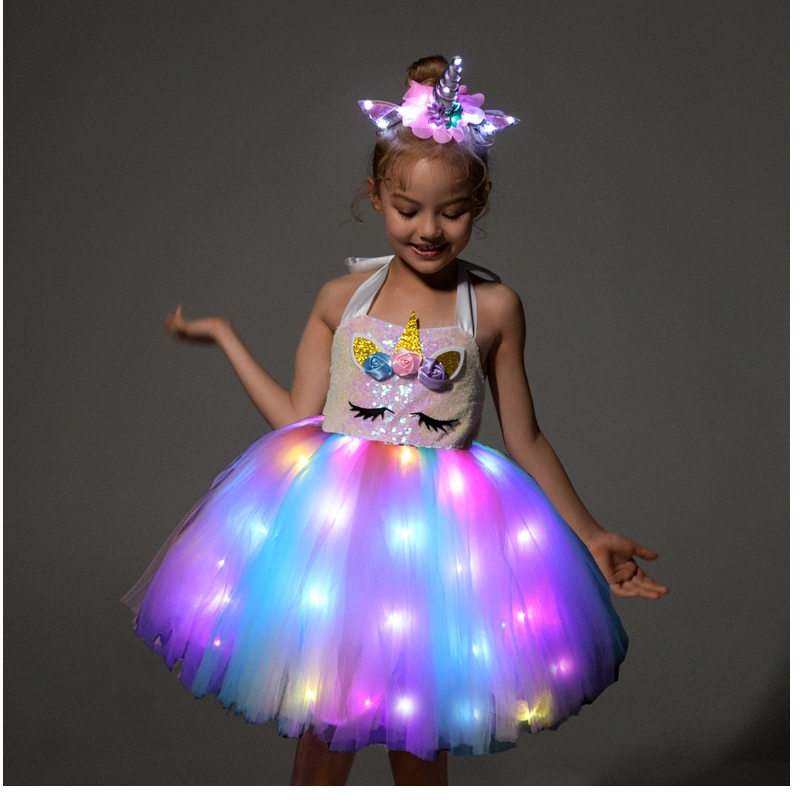 2022 Kids Girls Costumes Unicorn gleoite le gúna solais faoi stiúir le haghaidh lá breithe lá breithe lá breithe cóisir lá breithe bronntanas leanaí éadaí leanaí