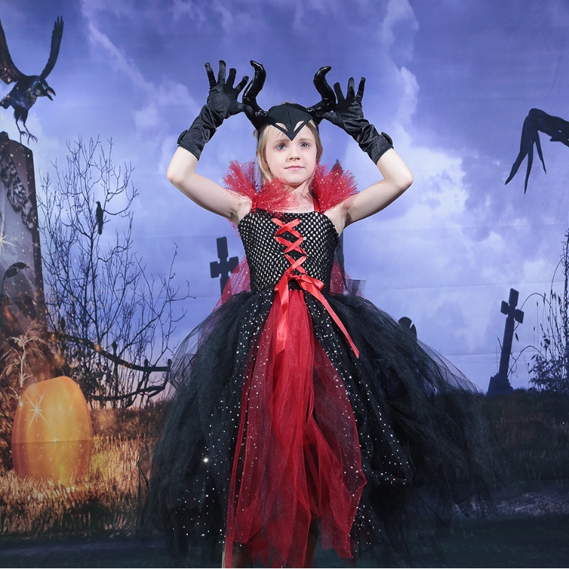 Amazon Hot Selling Kids Girls Deluxe Oíche Shamhna Éadaí Cailleach Vampire Fairy Banphrionsa Banphrionsa olc Tutu Headband