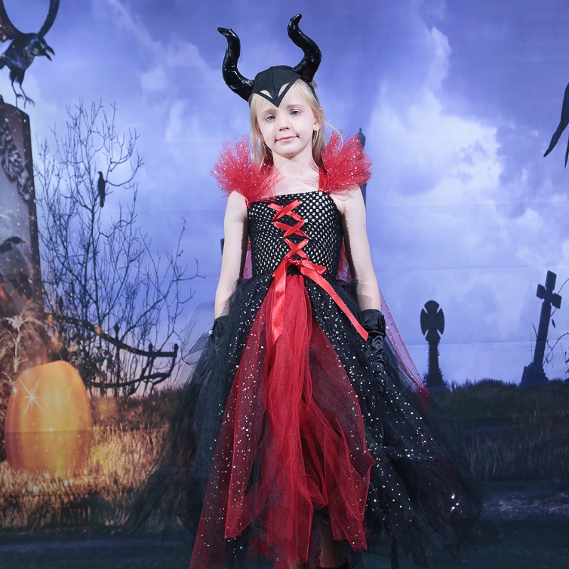 Amazon Hot Selling Kids Girls Deluxe Oíche Shamhna Éadaí Cailleach Vampire Fairy Banphrionsa Banphrionsa olc Tutu Headband