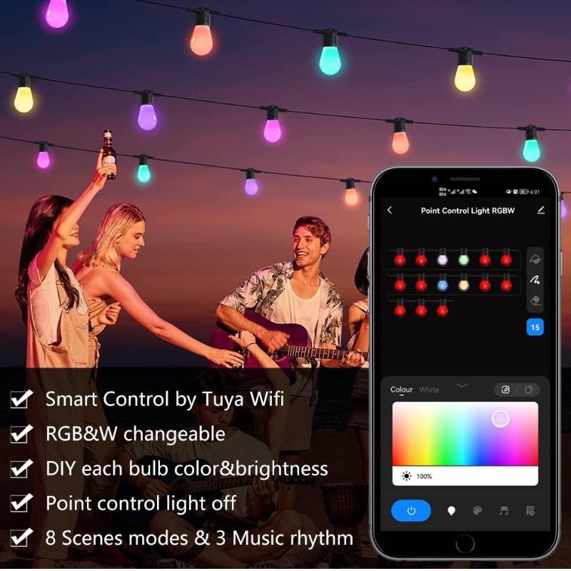 Soilse Teaghrán Dath Cliste, Soilse PATIO Cliste 48ft RGBW Soilse Teaghrán faoi stiúir RGBW, Oibríonn App N WiFi, le Alexa, Soilse Teaghrán Dath le Bolgáin LED Dimmable, IP65 Uiscedhíonach Uiscedhíonach