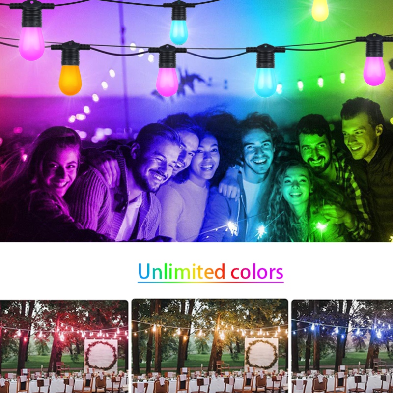 Soilse Teaghrán Dath Cliste, Soilse PATIO Cliste 48ft RGBW Soilse Teaghrán faoi stiúir RGBW, Oibríonn App N WiFi, le Alexa, Soilse Teaghrán Dath le Bolgáin LED Dimmable, IP65 Uiscedhíonach Uiscedhíonach
