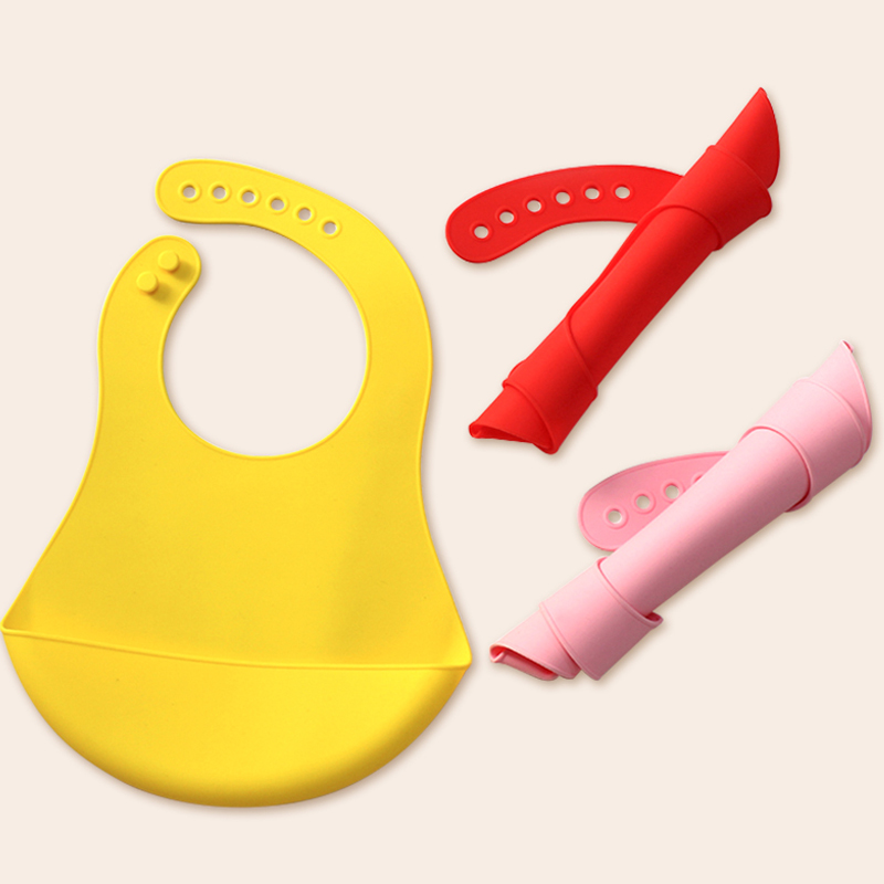 Bibs leanbh silicone uiscedhíonach caol agus éadrom donaíonáin agus do leanaí óga bibs beathúcháin silicone bog inchoigeartaithe le pócaí bailithe bia, unisex, gan praiseach