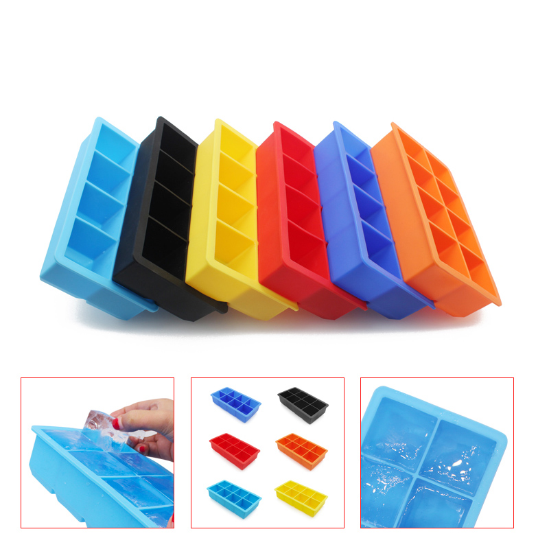 Scaoileadh éasca Silicone agus solúbtha 8 tráidirí ciúb oighir mhóra, deimhniú amhábhar, ciúbanna oighir leá saor in aisce, saor in aisce, le haghaidh fuisce, mhanglaim agus súnna, éasca le glanadh