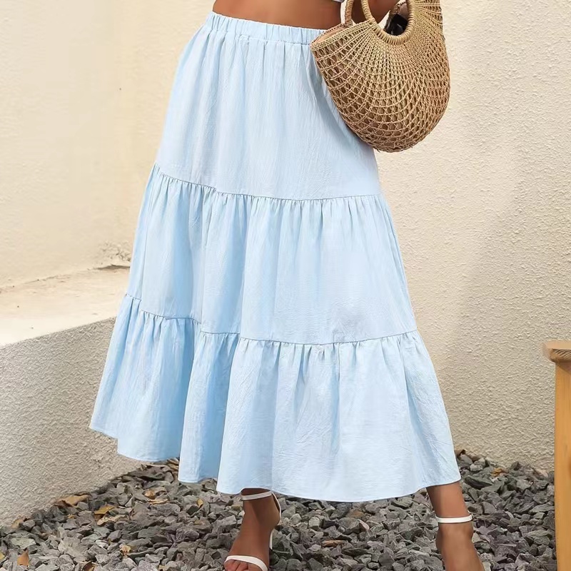 Pléadáil Waist Elastic Elastic Samhradhna mBan A-Líne Swing Flowy Swing Gúna Sciorta Trá Fada Srathach Le PocketsSkirt