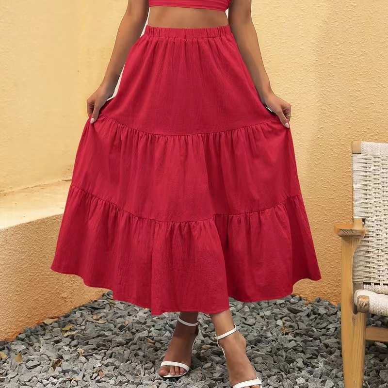 Pléadáil Waist Elastic Elastic Samhradhna mBan A-Líne Swing Flowy Swing Gúna Sciorta Trá Fada Srathach Le PocketsSkirt