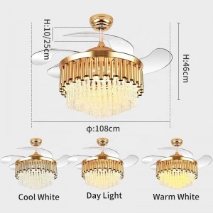 K009 Fan Candelier Uasteorainn le solas le dath iargúlta 42 orlach 3 le Chandelier Fan Crystal Cainteoir