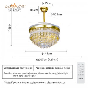 K010 lucht leanúna uasteorainn chandelier le solas le dath iargúlta 42 orlach 3 le Chandelier Fan Crystal Cainteoir