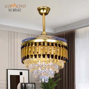 K011 Fan Candelier Uasteorainn le solas le dath iargúlta 42 orlach 3 le Chandelier Fan Crystal Cainteoir