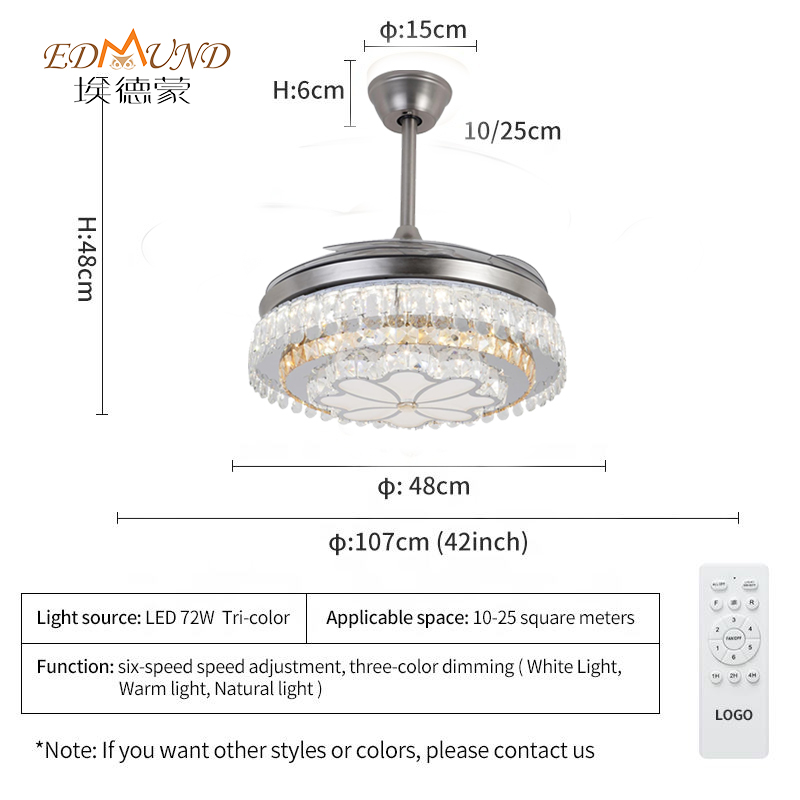 K016 lucht leanúna uasteorainn chandelier le solas le dath iargúlta 42 orlach 3 le Chandelier Fan Crystal Cainteoir