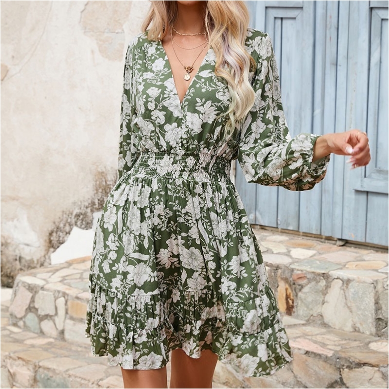 Gúna Beachwear Bohemia Fraincis Sexy Deep V-Neck Floral Priontáil Gúnaí Saoire Waist-Skimming do Mhná