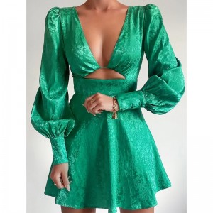 V-kaelus õõnes jakquard kleit latern varrukas lühike kleit kevad vintage stiilis A-line kleit