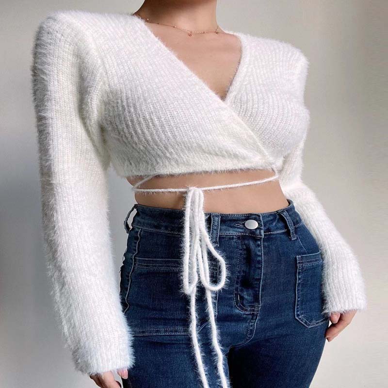 Sexy Deep V-neck Ard-choim ghearr Geansaí Cardigan Cniotáilte