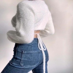 Sexy Deep V-neck Ard-choim ghearr Geansaí Cardigan Cniotáilte