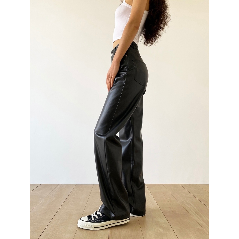 RETRO PU RETRO PU LÁITHREÁN ARD-MAG MAG SOOOSE HIP SLIM STIM Díreach Pants bríste brístí cos cos leathan