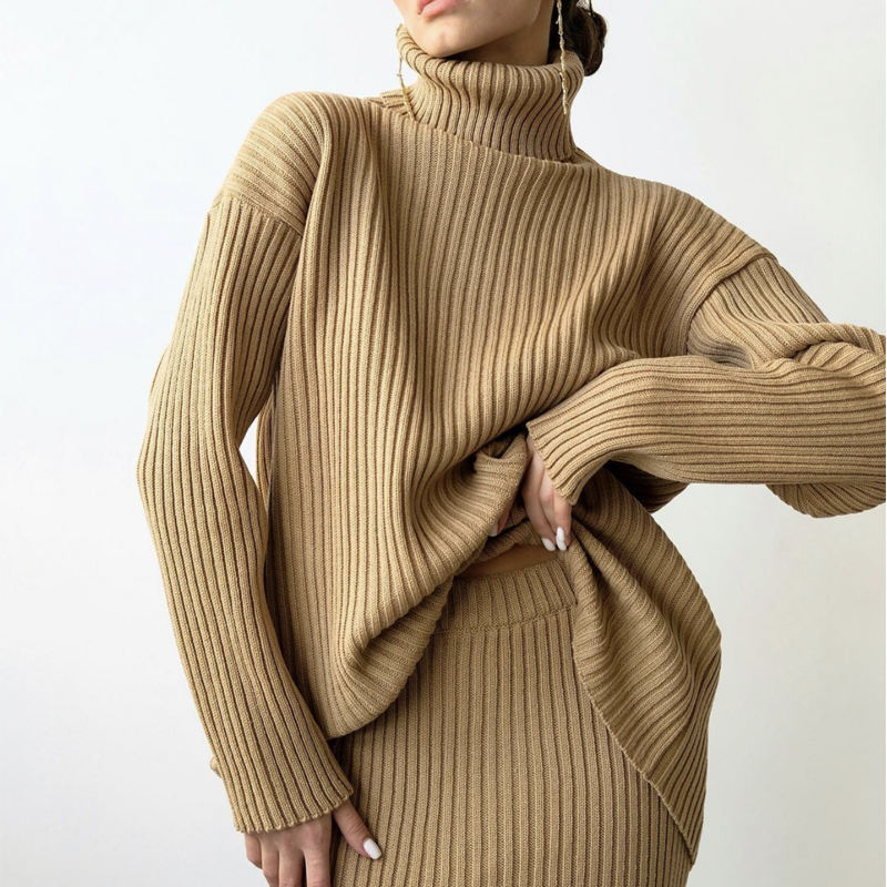 Geimhreadh Nua Faisean Saincheapthana mBan TurtleNeck Turtleneck Cniotáilte Midi Skirt Midi Skirt 2 phíosa Suit Mná