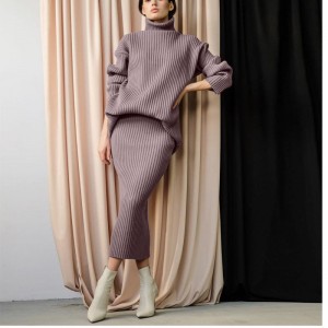 Geimhreadh Nua Faisean Saincheapthana mBan TurtleNeck Turtleneck Cniotáilte Midi Skirt Midi Skirt 2 phíosa Suit Mná