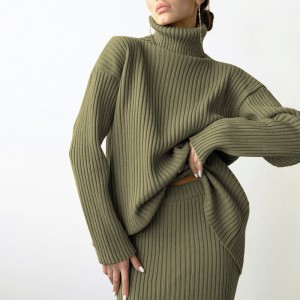 Geimhreadh Nua Faisean Saincheapthana mBan TurtleNeck Turtleneck Cniotáilte Midi Skirt Midi Skirt 2 phíosa Suit Mná