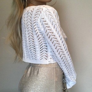 Pullover White V-neck HOLLOWED AMACH FASHE FASHE SLEEVED THE LÁITHREÁN THIN THIN