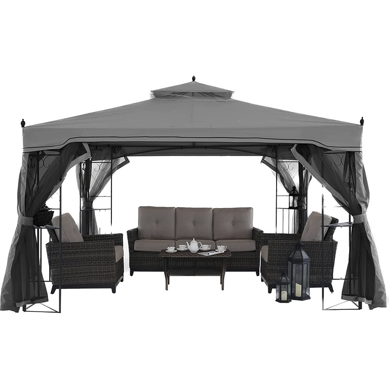 10 'x 10' 'Cruach PATIO Allamuigh Gazebo Ghairdín Ceannbhrat le Cuirtíní Mogalra Inbhainte Éadach Barr Beige Beige