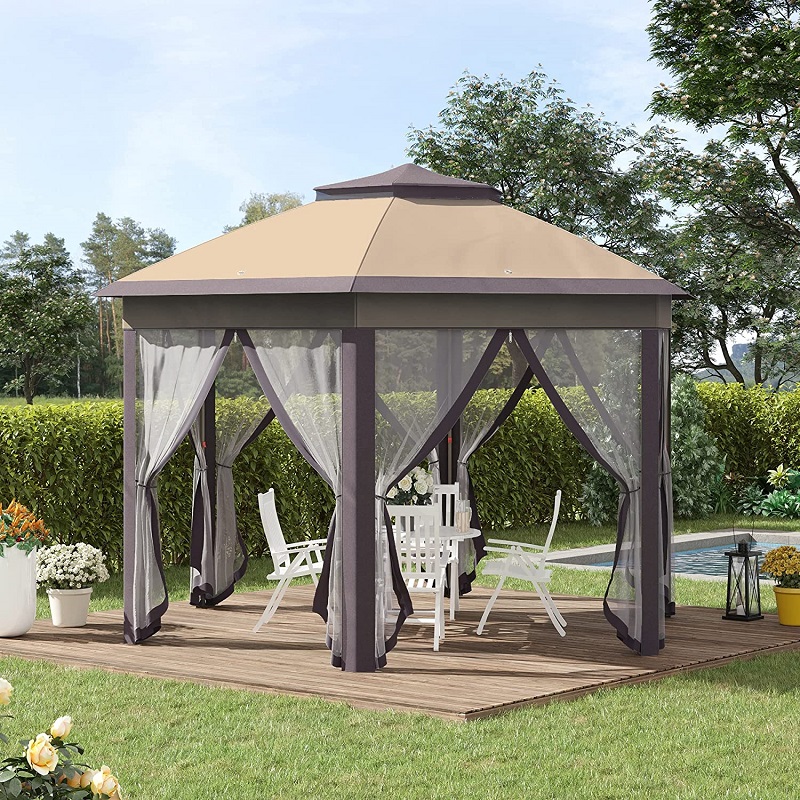 13 'x 13' POP UP CAILIÚINTE HEXAGAGAL HEXAGAGAL le 6 Líonta Mogalra Zippered, Puball Imeachta Díon 2 Sraith le Fráma Cruach Láidir