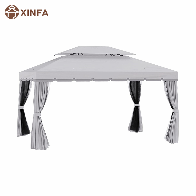 10 'x 13' PATIO Gazebo Díon Dúbailte Díon Dúbailte Allamuigh Fothain ceannbhrat le Líonta N Cuirtíní, Grey