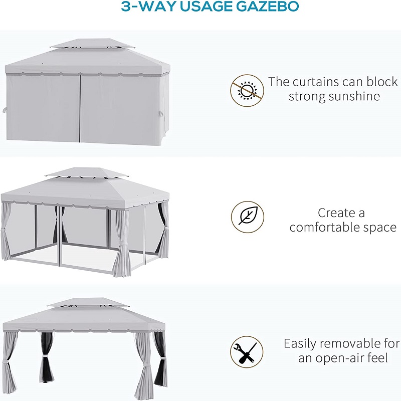 10 'x 13' PATIO Gazebo Díon Dúbailte Díon Dúbailte Allamuigh Fothain ceannbhrat le Líonta N Cuirtíní, Grey