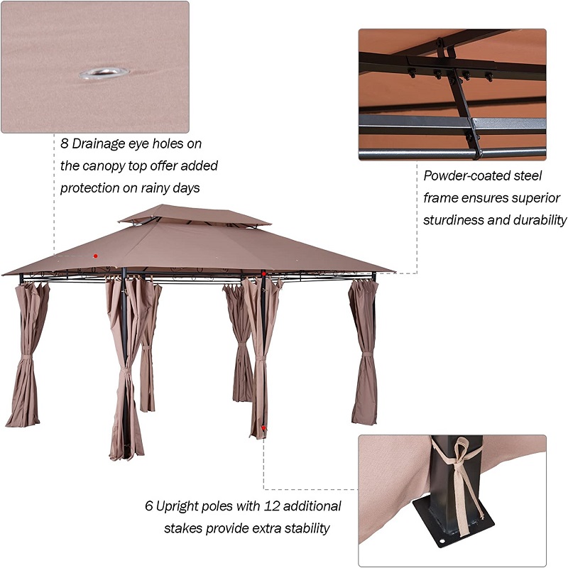 10 'x 13' 'Pergola Gazebo barr boga amuigh faoin aer le cuirtíní, gazebo fráma cruach 2 shraith do PATIO, khaki