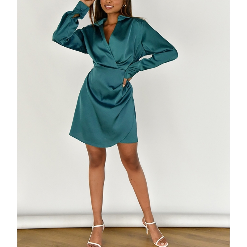 Waist sexy satin ardcháilíochta v-neck wrap gúna sciorta líne a-líne