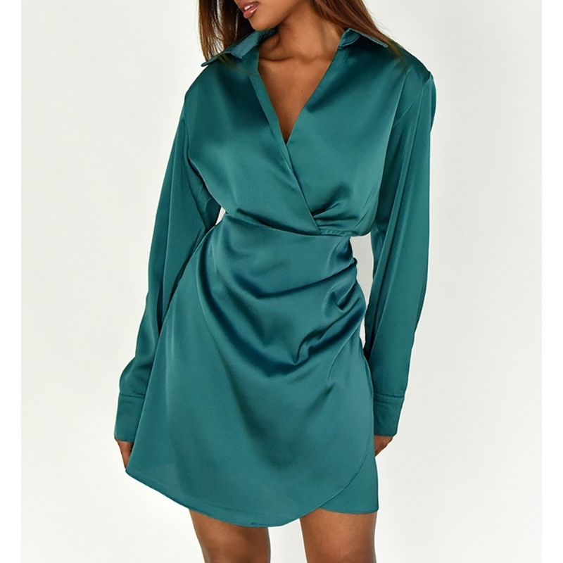 Waist sexy satin ardcháilíochta v-neck wrap gúna sciorta líne a-líne