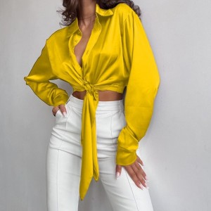 Uigeacht satin síoda ócáideach lapel barr sleeved fada