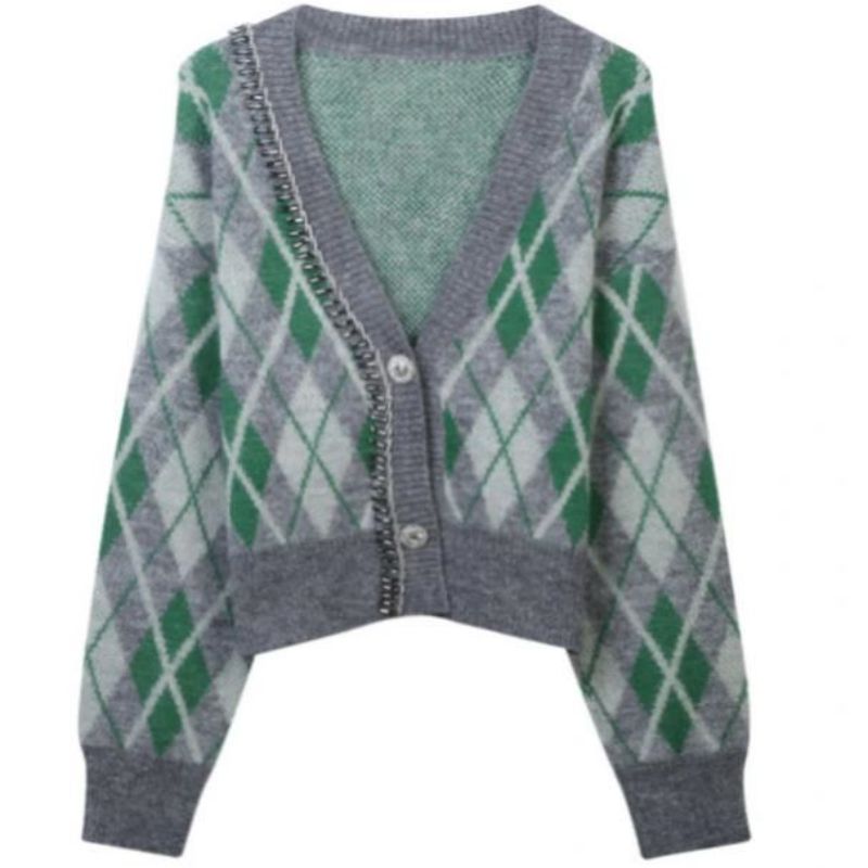 Argyle Jacquard Cniotáilte Mohair Cardigan Geansaí Mná Cniotáilte