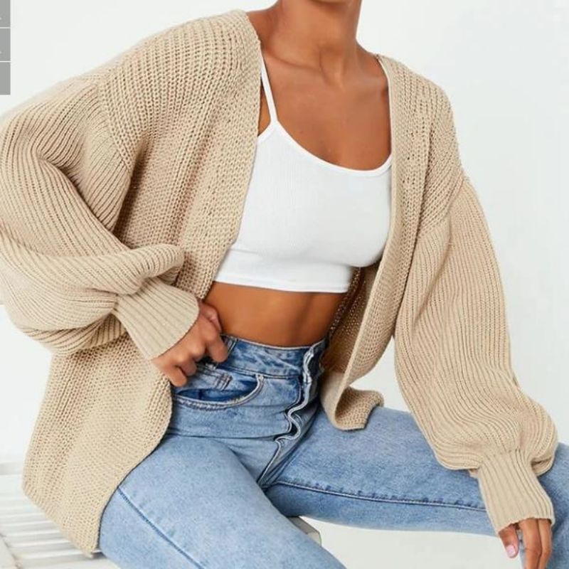 Cardigan cniotáilte le sleeves balún fada agus tosaigh oscailte