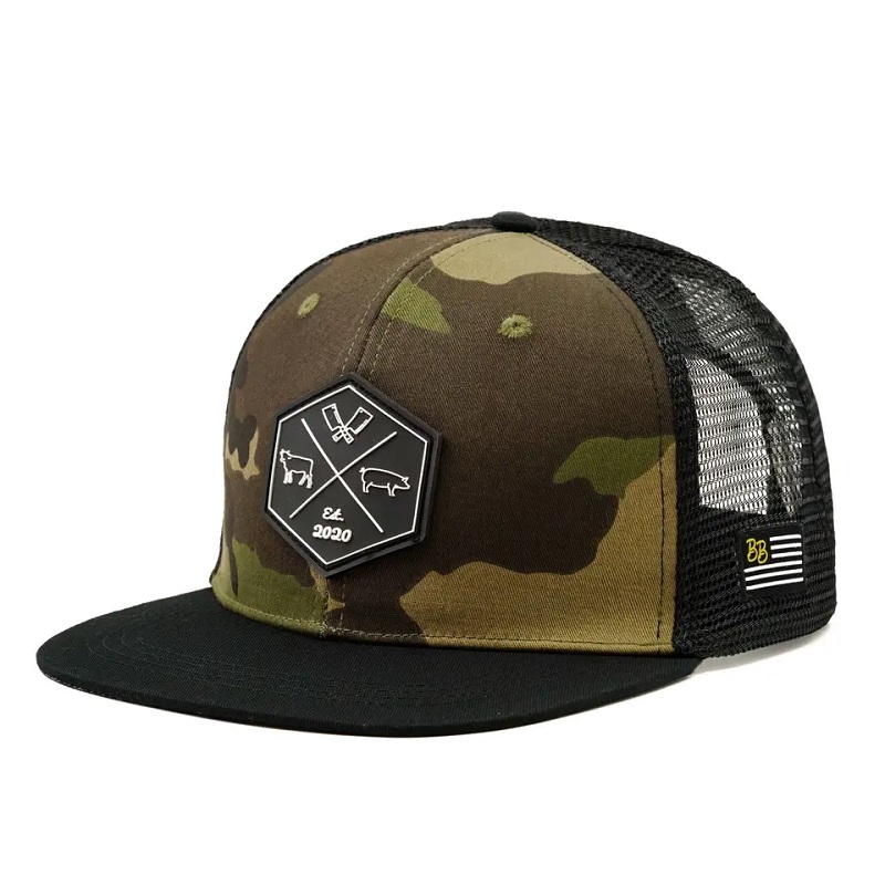 Mórdhíola saincheaptha hip hop camo camo snapback mogalra lógó paiste bróidnithe saincheaptha 6 painéal caipín agus hata trucaile cothrom le brim