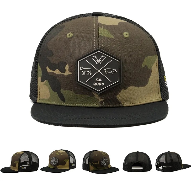 Mórdhíola saincheaptha hip hop camo camo snapback mogalra lógó paiste bróidnithe saincheaptha 6 painéal caipín agus hata trucaile cothrom le brim