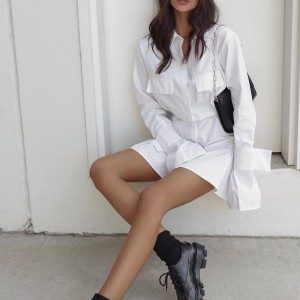 Gúna Bánna Fraince le waist agus cufaí agus cluaisíní fada do mhná 2023 waist dearaidhnua agus sciorta sleeved le dath fada dath soladach