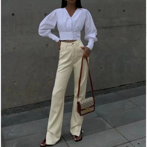 Léine Bán V-neck Long-sleeved Long Dearadh Mná Sense Nideoige Nideoige Nua Sleeve Lantern Tanaí