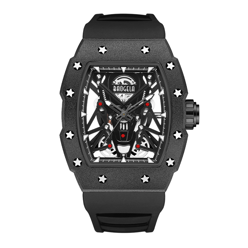 Baogela Silver Spórt Dubh Grianchloch Faire le haghaidh Fir Tonneau Diailigh Analógach Waterwatch Waterproof le Strap Strap Lámha Luminous 4145