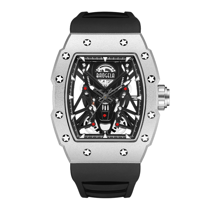 Baogela Silver Spórt Dubh Grianchloch Faire le haghaidh Fir Tonneau Diailigh Analógach Waterwatch Waterproof le Strap Strap Lámha Luminous 4145