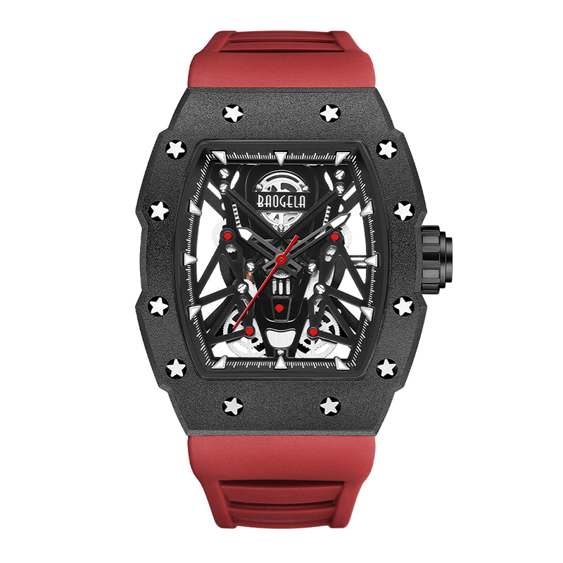 Baogela Silver Spórt Dubh Grianchloch Faire le haghaidh Fir Tonneau Diailigh Analógach Waterwatch Waterproof le Strap Strap Lámha Luminous 4145