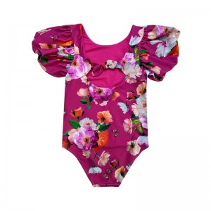 Litir Priontála Floral Puff Sleeve Childres Swimsuits