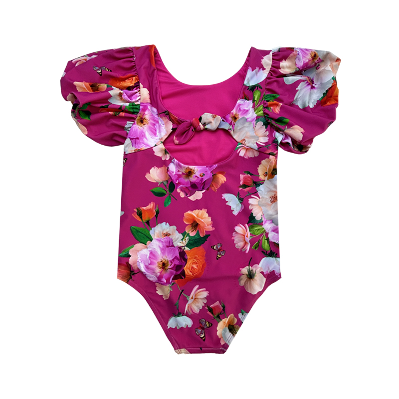 Litir Priontála Floral Puff Sleeve Childres Swimsuits