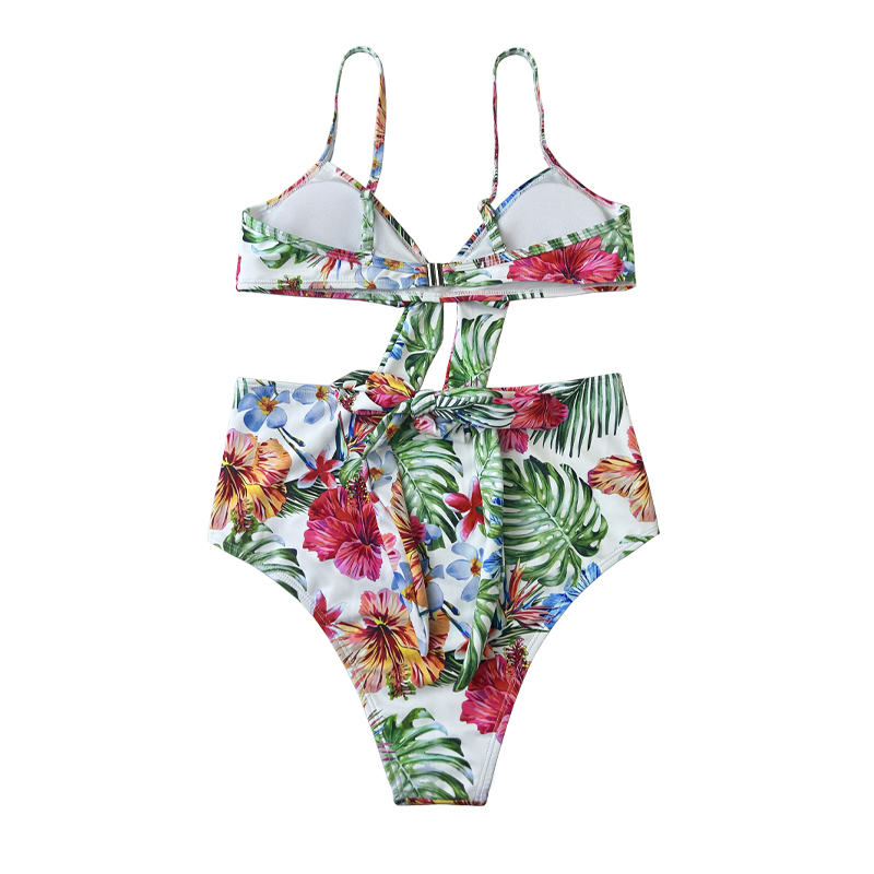 Stíl Eitneach Floral ar ais Strap Swimsuit dhá phíosa