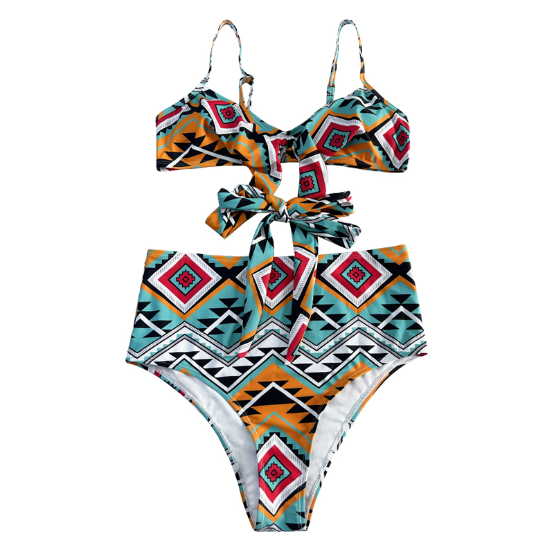 Stíl Eitneach Floral ar ais Strap Swimsuit dhá phíosa