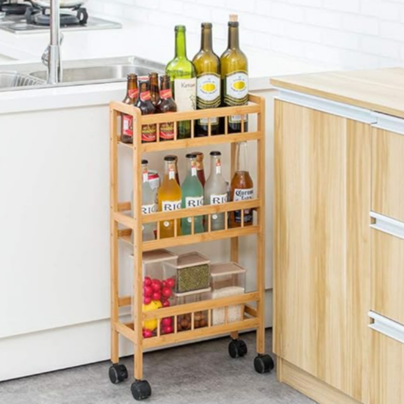 Bambú 3-Cart Stórála Cistine Sraith Sleamhnán caol Amach Rollta Eagraí Seilf Pantry Raca