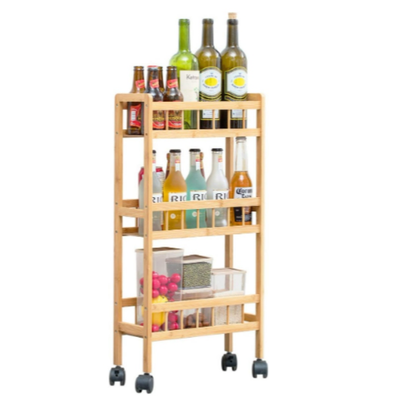 Bambú 3-Cart Stórála Cistine Sraith Sleamhnán caol Amach Rollta Eagraí Seilf Pantry Raca