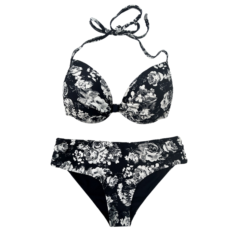 Strap Halter Floral Clóbhuailte Black agus Bán