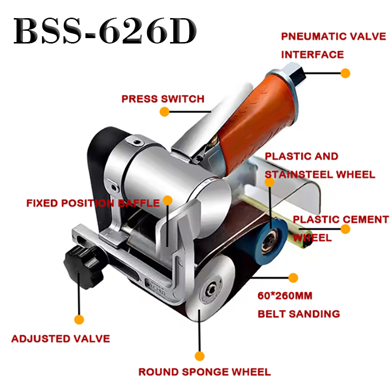 Lámh Tionscail Nighdue Nighde Creasa Neomatach Beag Sander Crios Aeir Sander BSS Mórdhíola BSS N626D Meaisín Líníochta Sreang Aeir 60*260 Crios Cruach Dhosmálta Meaisín Snasctha Crios Neomatach Creasa Neomatach