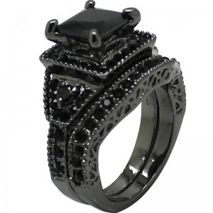 Hongde Black Onyx Banphrionsa Gearr Comóradh Bainise Fáinne Bridal Diamond do bhean le fear